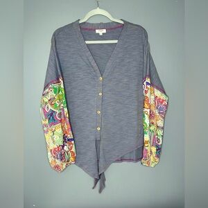 Umgee Blouse Women M Blue Paisley Patchwork Balloon Sleeve Button Front Boho Top